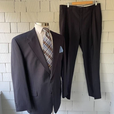 Traje de 2 piezas vintage de lana a rayas azul oscuro Botany 500 Couture años 80 para hombre talla 46 Foto 1 de 4