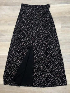 VTG Whimsigoth Maxi Skirt Large Black Floral Slinky Button Front Dark Romantic - Picture 1 of 8