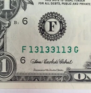 Uncirculated 2003A $1.00 FRN FANCY BINARY SERIAL NUMBER F13133113G - Picture 1 of 7