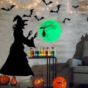 3 Pieces Halloween Glow Wall Stickers - Witch, Bats, Moon Window Decals - Lumino - Picture 1 of 12