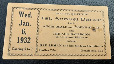 Boleto de Hap Leman & his Modern Melodian's The Aud Ballroom 1st Dance 1/6/1932 Foto 1 de 2
