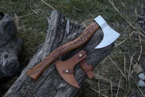 Viking Bearded Axe Handmade Camping & Hunting Axe with Engraved Handle & Leather - Picture 1 of 11