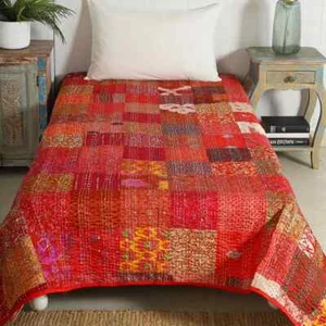 Red Patchwork Silk Fabric Kantha Quilt - Picture 1 of 4