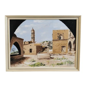 ACRYL GEMÄLDE Dorf Ansicht in Zypern Augusta Zenios Minarett osmanisch arabisch - Picture 1 of 12