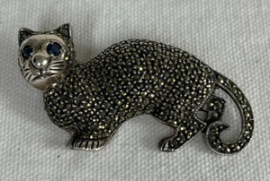 Vintage Judith Jack 925 Sterling Silver Marcasite House Cat Pin Brooch Blue Eyes - Picture 1 of 6