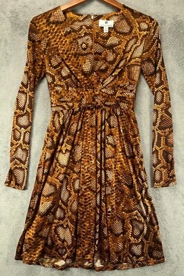 ALTUZARRA Snake Print Silky Dress Size 2 Womens Brown Satin Long Sleeve - Image 1 of 4