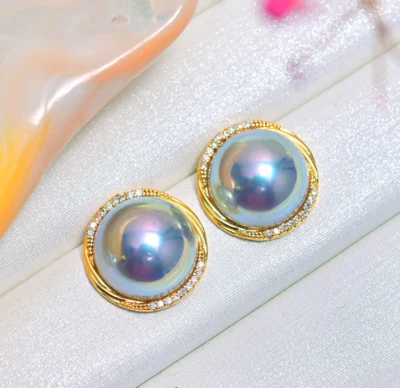 Aretes enchapados en oro amarillo de 14k sobre plata concha MABE perla gris claro DC Foto 1 de 3