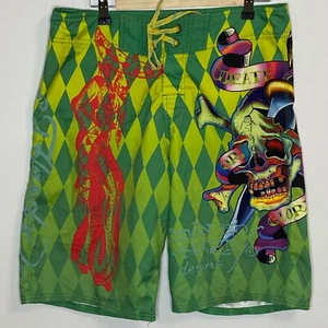 Ed Hardy Embroidered Surf or Die Milticolored Size 32 Men's Board Shirts - Picture 1 of 10