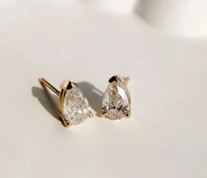 Women's Stud Earrings For Mother Day 2CT Pear Lab Grown Diamond 14k Yellow Gold - Picture 1 of 15