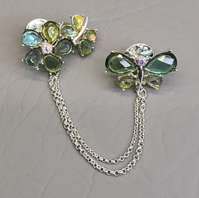 Butterfly Flower Brooch Silver Tone Swag Chains Draped Green Acrylic Insect Pin - Image 1 of 4