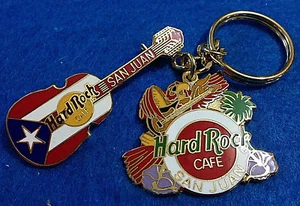 LLAVERO LORO SAN JUAN PUERTO RICO + GUITARRA BANDERA QUATRO Hard Rock Café 2 PIN - Imagen 1 de 3