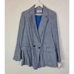 Helene Berman Linen Mix Jacket Size 18 Blue Longline Blazer Double Breasted Coat - Picture 1 of 5