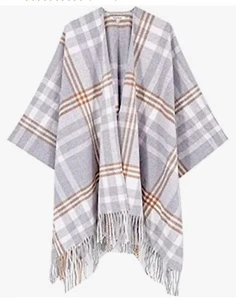 Women's Travel Plaid Shawl Wrap Open Front Poncho Cape Brown Gray Plaid New - Picture 1 of 8