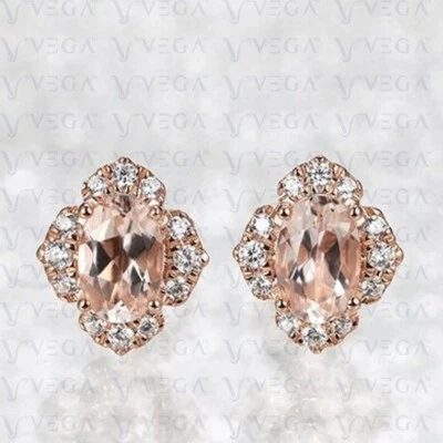 Pendiente de morganita natural y diamantes de forma ovalada de 4,72 quilates de oro rosa macizo de 14 quilates Foto 1 de 4