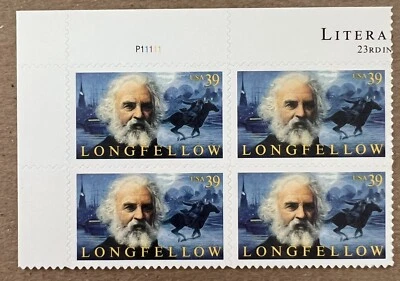 US Scott 4124  2007 39c Henry Longfellow Literary Series Plate Block Of 4 MNH - Image 1 of 3