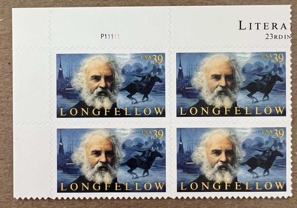 US Scott 4124  2007 39c Henry Longfellow Literary Series Plate Block Of 4 MNH - Image 1 of 3