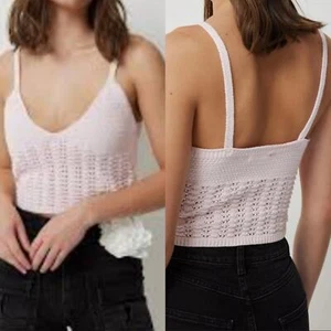Ardene V Neck Crochet Sweater Crop Tank Size Medium M Light Pink 90s Clueless - Picture 1 of 8