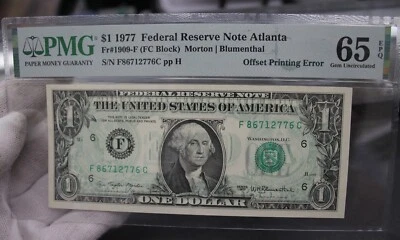1977 $1 FRN Fr. 1909-F OFFSET PRINTING ERROR PMG 65 EPQ  NOTE - Image 1 of 3