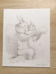 Original illustration drawing - Dad and baby squirrel - signed by Petra Brown - Picture 1 of 2