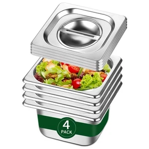 Hotel Pan 1/6 Size - Steam Pan With Lid 4" Deep Food Pan Anti Jam Stainless S... - Picture 1 of 9