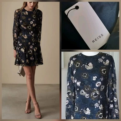 BNWT - REISS size 16 Navy Allie Floral Burnout Long Slv Short Shift Dress NEW! - Image 1 of 4