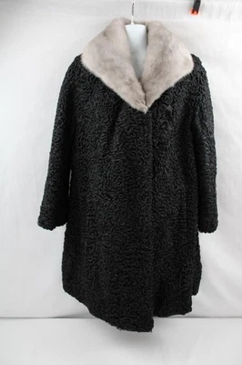 ABRIGO DE PIEL DE CORDERO PERSA NEGRO GENUINO VINTAGE PARA MUJER TALLA S-M~RIZADO~CUELLO VISÓN GRIS Foto 1 de 4