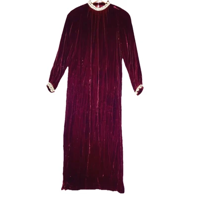 Vintage Handmade Velvet Gown S Victorian Burgundy Crochet Lace Vamp Maxi Dress - Image 1 of 4