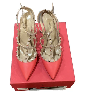 Valentino Garavani High Heel Pink with Tan Trim Rock Stud Ankle Straps 100 MM 42 - Image 1 of 3