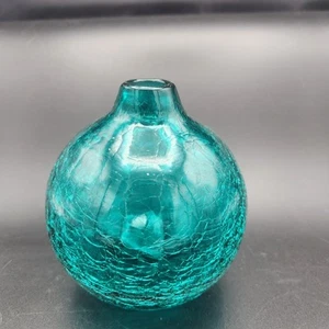 Handblown Crackle Glass Teal Blue Bud Vase 4.75"T x 5”D Ball Vase - Picture 1 of 5