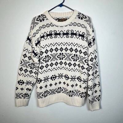 VTG Eddie Bauer Sweater Men's Fair Isle Thick Cotton Knit Ivory Navy Made in UK - Image 1 of 4