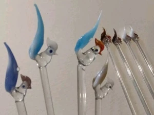 8 Vtg MCM Hand Blown Art Glass Stylized Rooster Chicken Bird Swizzle Sticks 8" - Picture 1 of 12