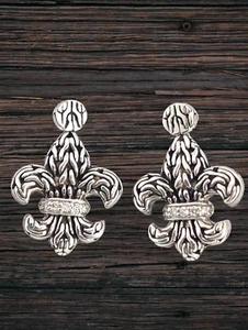 ORECCHINI PENDENTI JOHN HARDY ARGENTO STERLING DIAMANTE FLEUR DE LIS #7918 - Foto 1 di 4