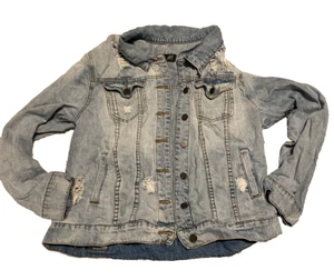 Kut From The Kloth Womens Jean Jacket L Blue Denim Distressed Casual Western - Picture 1 of 7