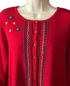 Vintage Chico's 3 Red button Up Knit Cardigan Floral Embroidered Womens XL 90's - Picture 1 of 11