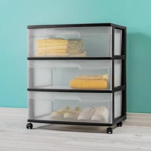 Wide 3 Drawer Dresser Storage Cart Black Plastic Chest of Drawers Storage Tower - Picture 1 of 5