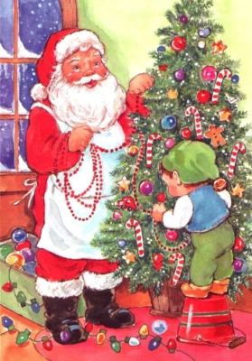 SANTA DECORATING TREE Fantus Christmas Greeting Card New w Envelope MG45 - Image 1 of 3