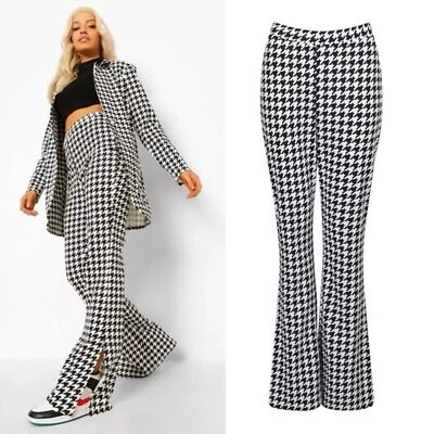 Boohoo High Waisted Dogtooth Check Split Front Trousers Size 12 Tall NWT - Image 1 of 4