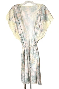 Vintage Lucie Ann III grün rosa Blumen Gürtel Morgenmantel Kimono Morgenmantel Gr. M - Bild 1 von 8