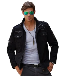 Herren Baumwolle Arbeitskleidung Flieger Militär Jacke bestickt schwarz Freizeit Mantel S - Bild 1 von 4
