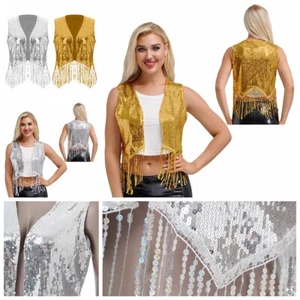 Women Coat Disco Vest Concert Waistcoat Fringe Crop Top Halloween Jacket 70s - Picture 1 of 32