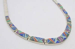 925 STERLING SILVER ANGIE SMITH CALVIN INLAID GEMSTONE NECKLACE 17 INCH ~ 43.4 G - Picture 1 of 4