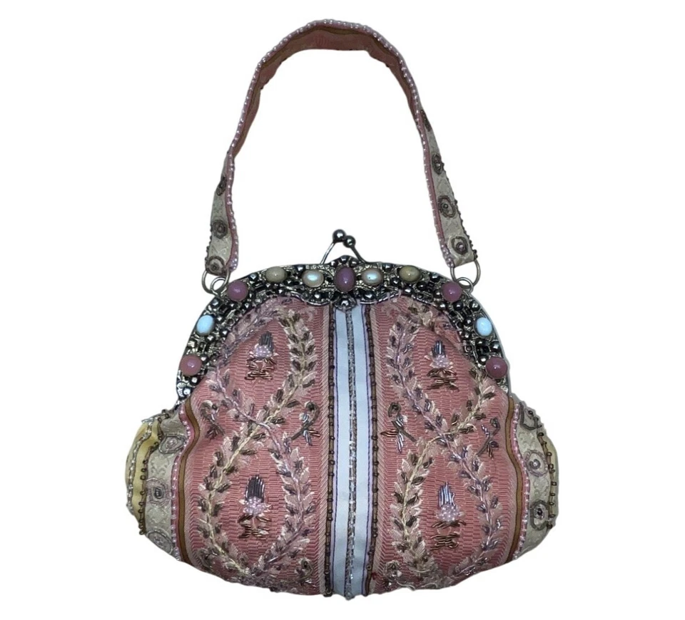 Bolso de Mano Christiana Vintage Rosa Forro Satinado Cuentas Bordado Marco de Metal Talla S Foto 1 de 4