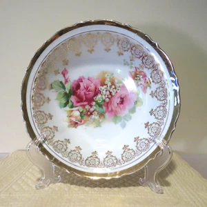 Antique Floral Serving Fruit Bowl Pink Roses & Lily-of-the-Valley 10" Porcelain - Picture 1 of 10
