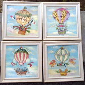 Nursery art Hot Air Balloon prints set of 4 wood framed A. Churchill - Picture 1 of 11