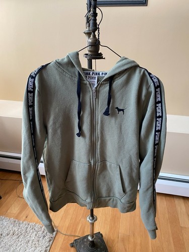 UNDERCOVER FELPA CON CAPPUCCIO VICTORIA'S SECRET ROSA VERDE OLIVA FULL ZIP LOGO BRACCIO A RIGHE