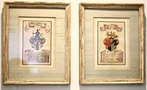 2 Antique GUACHE HERALDIC Paintings 18th century GERMAN gold WOOD frames AFRICAN - Picture 1 of 17