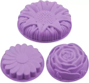 Silicone Baking Molds,3 Pack Non-Stick Flower Shape Silicone Cakes Pan Bread Pie - Picture 1 of 7
