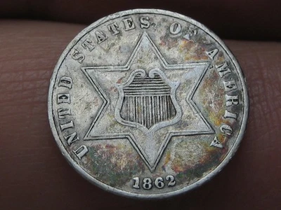 1862 Três 3 Centavos Prata Trime 3CS- Tipo 3, AU/Quase UNC Detalhes, Tonificado - Imagem 1 de 4