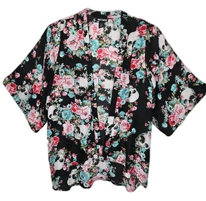 Kimono Hot Topic Rosas Caprichosas Floral Calavera Araña Gasa Frente Abierto Talla Med - Imagen 1 de 13