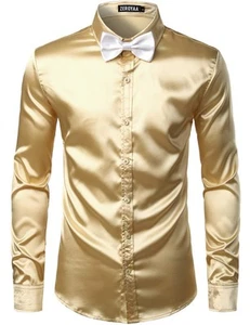 Men's Luxury Shiny Silk Like Satin Button Up Dress Shirts ZLCL14-Champagne X-... - Picture 1 of 7